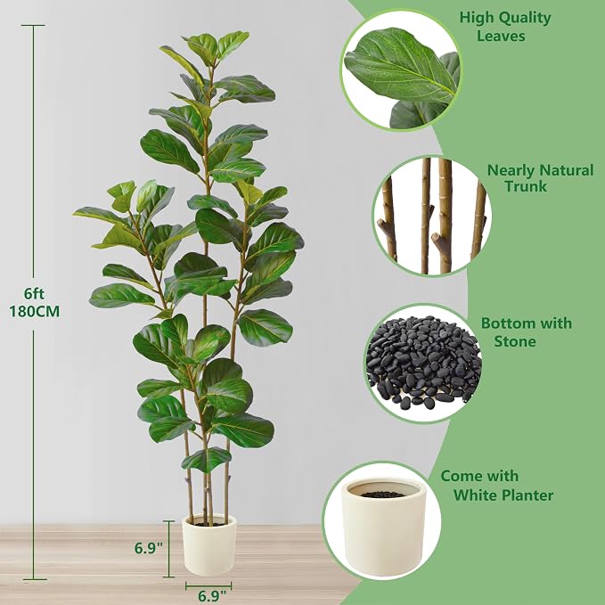 Warmplants 6ft Tall Artificial Fiddle Leaf Fig Tree with White Planter, Faux Ficus Lyrata Tree for Indoor Home Office Living Room Decor