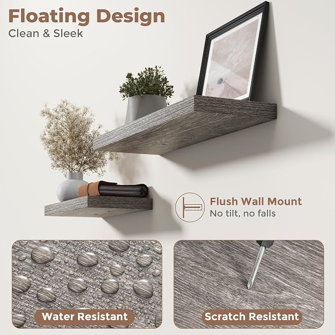 24 Inch Floating Shelves for Wall Set of 2, 8"D Wood Grain Bathroom Shelves with Invisible Brackets, Easy Install Engineered Wood Storage Shelves for Kitchen, Living Room, Bedroom, Grey Oak Finish