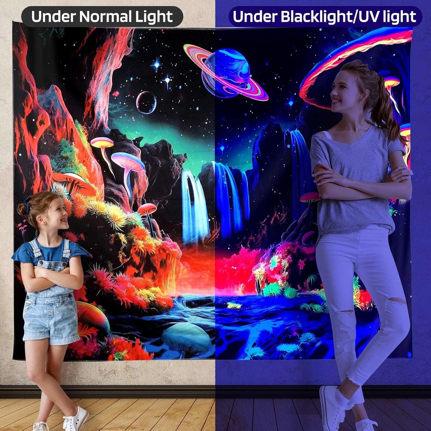 ADDWel Blacklight Mushroom Planet Tapestry, Black Fantastic Tapestry Glow In The Dark, UV Reactive Black Light Posters Wall Hanging for Bedroom Dorm Living Room Backdrop Decor