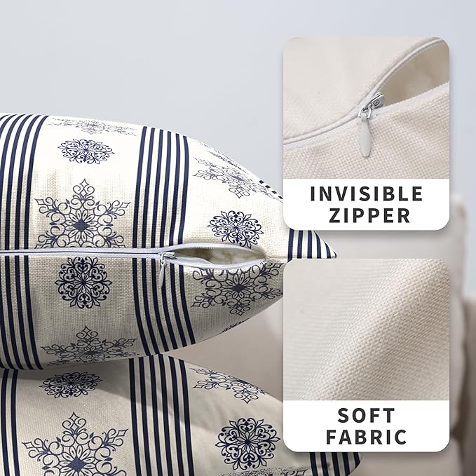 Winter Pillow Covers Blue and White Porcelain Blue Snowflakes Striped Throw Pillow Covers Navy Blue Floral Pillowcase 20x20 Set of 2 Neutral Cushion Case for Couch Sofa