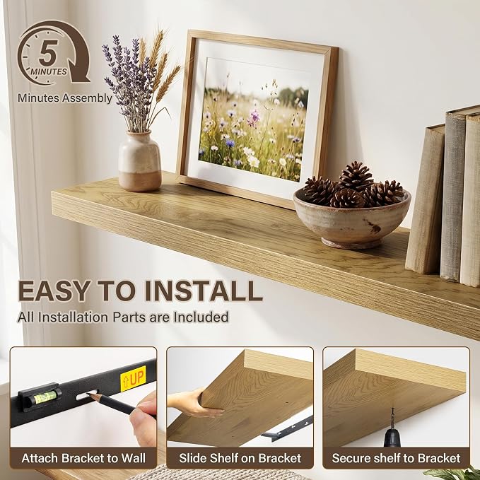 Acovy 10" Extra Deep Floating Shelves for Wall, 48" Long Wood Wall Shelves Set of 2 for Bathroom Bedroom Kitchen Living Room Laundry Room, Modern Floating Shelf for Home Decor