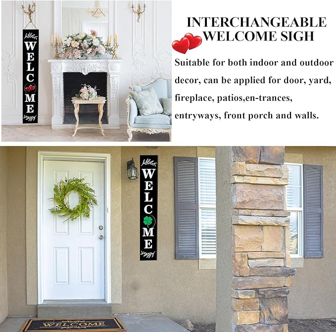 Consevisen Welcome Sign for Front Door Porch Standing, Interchangeable 47 x 7.9 Inch Outdoor Vertical Wooden Welcome Sign with 12 Seasonal Icons for Spring Fall Christmas Easter Farmhouse Home Decor