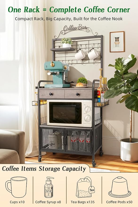 Coffee Bar Cabinet with Storage, Coffee Cart with Wheels, Coffee Station with Coffee Bar Sign and Mug Hook, Corner Coffee Bar Table with Drawer, Bakers Rack for Kitchen Dining Room Living Room Nook