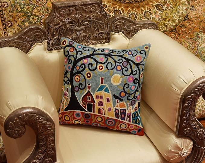 Turquoise Tree of Life Throw Pillow Cover | Karla Gerard Bird Pillows | Blue Flower Pillows | Plant Floral Chair Cushion | Flower Couch Pillow | Hand Embroidered Wool Size - 18x18