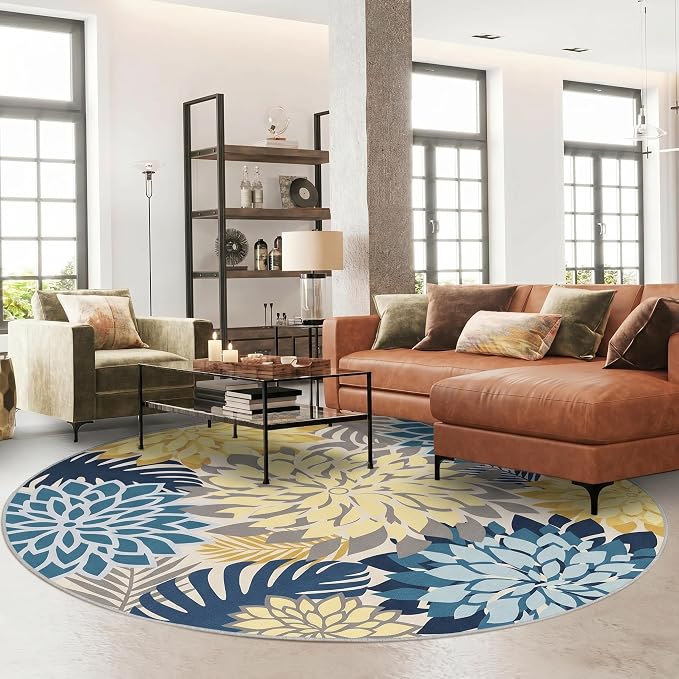 Colorful 6FT Outdoor Round Area Rug Washable Rugs Multicolored Patio Rug Tropical Botanical Floral Chenille Waterproof Outdoor Carpet for RV, Pool Deck, Backyard, Porch, Ocean Dahlia