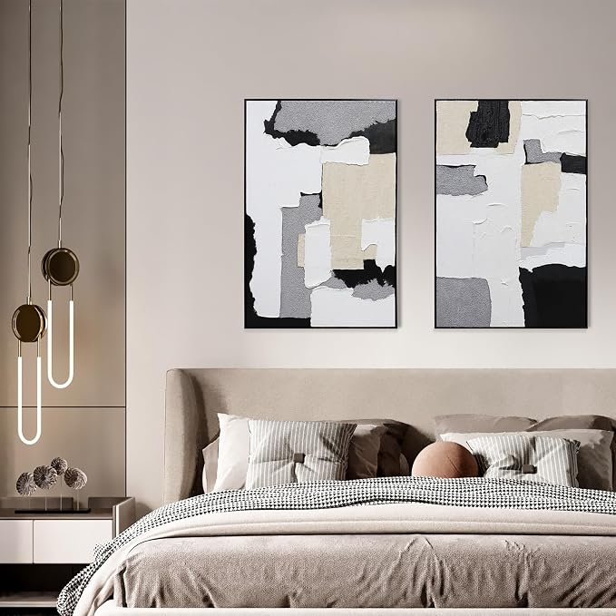 Neutral Abstract Wall Art Hand Painted, 3D Textured with Fabric Wall Decor, Modern Minimalist Framed Canvas Painting, Black White Geometric Artwork for Home Office Living Room Bedroom, 24"x36"x2