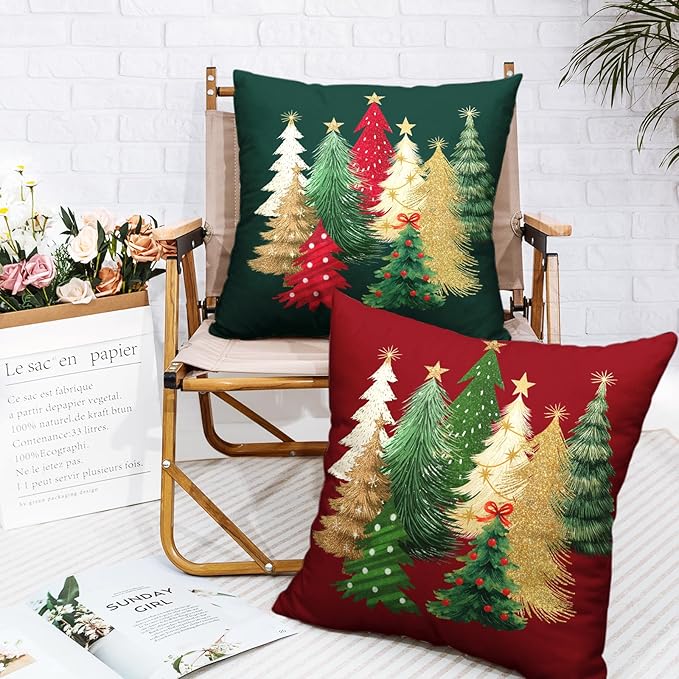 Christmas Pillow Covers Set of 2 Green and Red Xmas Tree Pillow Case 20x20 Winter Holiday Throw Pillow Cases Double Sided Printing Cushion Case for Couch Sofa Home Decor