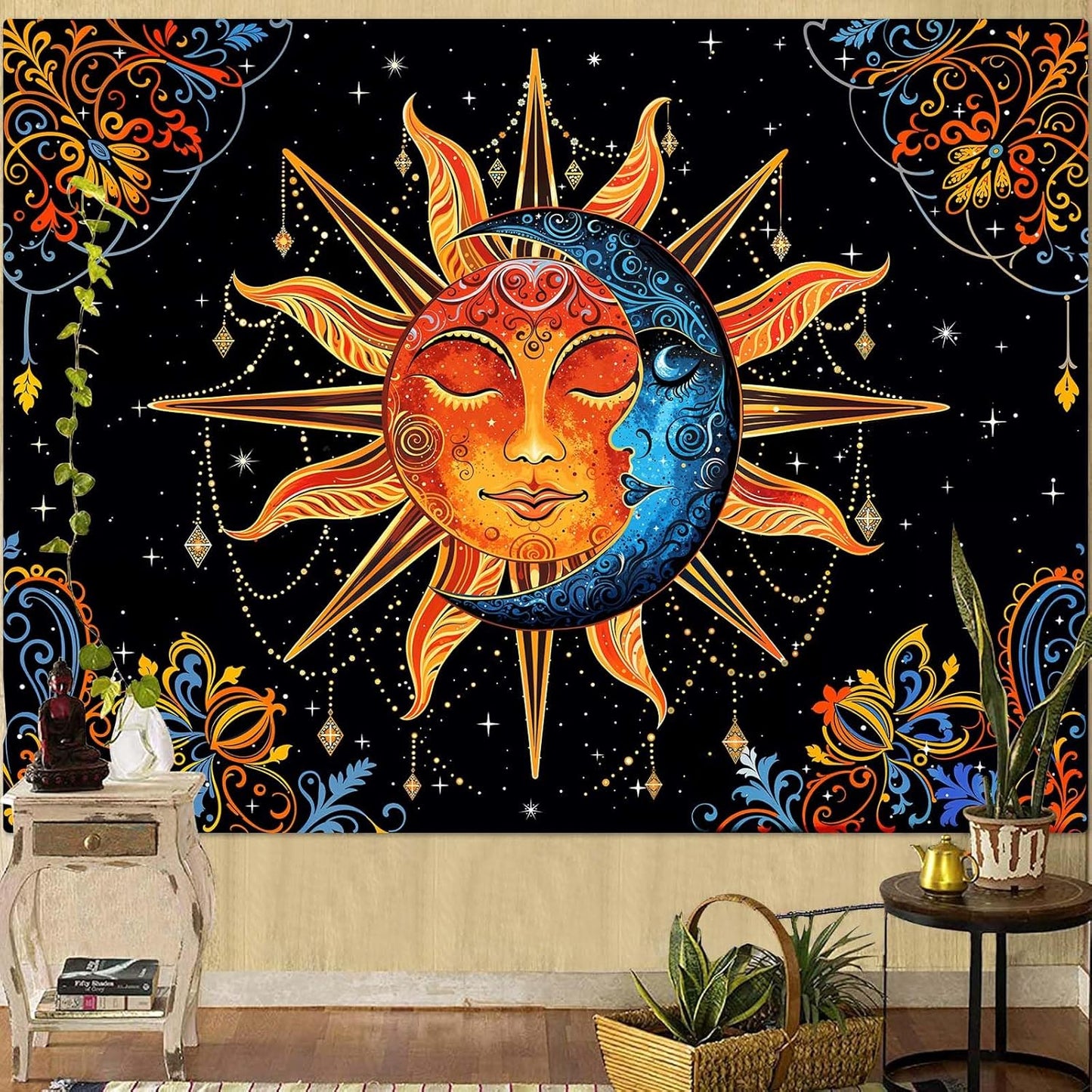 Lunerfex Sun and Moon Tapestry Mandala Wall Tapestry, Cute Tapestries for Bedroom Ceiling Tapestries Wall Hanging for Bedroom Living Room Decor Sun-1 70"x90"