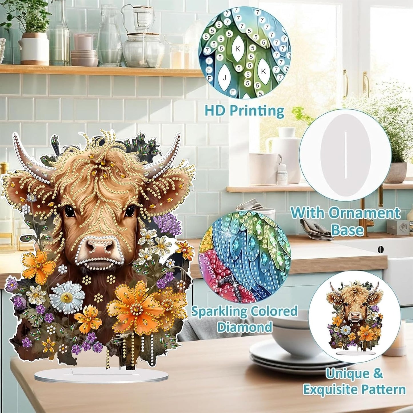 Diamond Painting Kits for Adults Beginners, 5D Full Drill Highland Cattle Crystal Art Desktop Ornament, DIY Single Sided Home Office Desk Decor, Creative Craft Gift Set with Tools