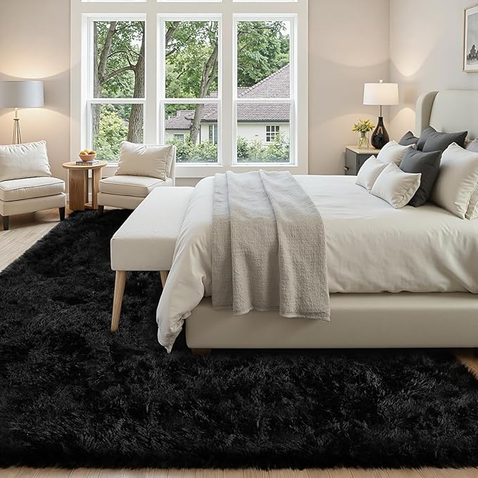 6x9 Area Rug for Living Room, Ultra Soft Fluffy Shag Rugs for Bedroom, Non-Slip Large Fuzzy Plush Rug Indoor Floor Carpet for Nursery Kids Office Dorm Modern Decor, Black