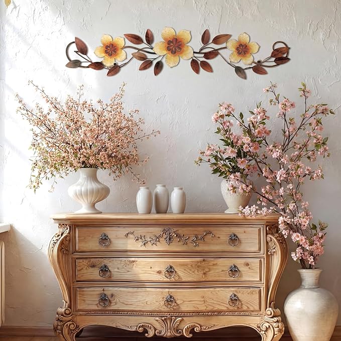 Wesiti Metal Flower Wall Decor Vintage Spring Metal Flower Wrought Iron Scroll Sculpture 15.7''x3.7'' Farmhouse Leaf Wall Decor with Nails for Spring Living Room Bedroom Indoor Outdoor(Yellow)