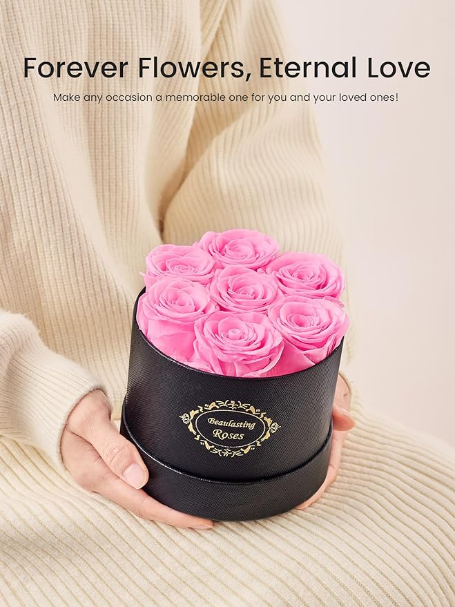 Beaulasting Long Lasting Preserved Roses in a Box Last a Year Forever Flowers for Her Mom Wife Anniversary Birthday (Round Black Box, Light Pink)