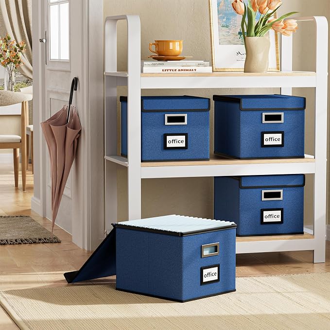 Decorative File Organizer Boxes Office Document Storage with Lids, Portable Collapsible Linen Hanging Filing & Storage Boxes for Office/Decor/Home (Royal Blue) -14.9 x 12.7 x 10.8 inch -2 Pack