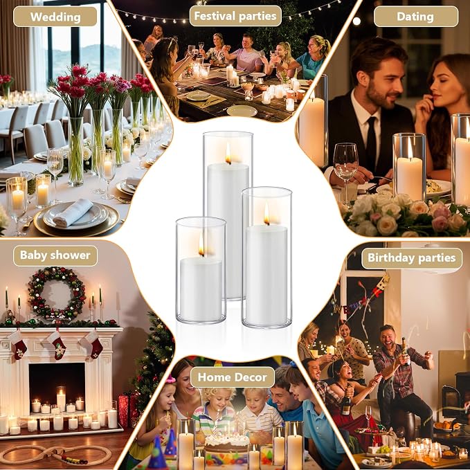 Homjoy 24 PCS White Pillar Candles with Glass Candle Holders Clear Hurricane Candle Holders Glass Cylinder Vases for Centerpieces Wedding Party, Event, Home Office (12 Candles+12 Candle Hoders)