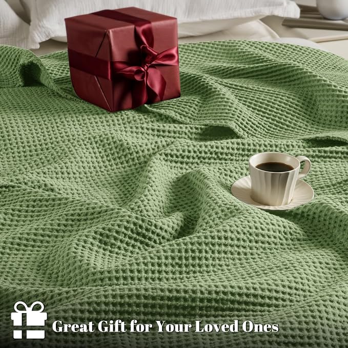 PHF Pre-Washed 100% Cotton Waffle Weave Blanket Twin Size for Bed,Snag Proof Throw Blanket for Couch Spring Summer Lightweight Breathable,Machine Washable, Home Decor Gift - Loden Green