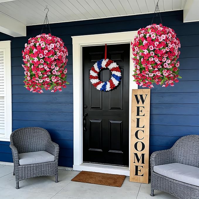 INXUGAO Artificial Flowers with Hanging Basket, Outdoor Faux Plants Silk Morning Glory Vines, Fake Green Arrangement for Garden Patio Spring Summer Decor(4pcs,Hot Pink)