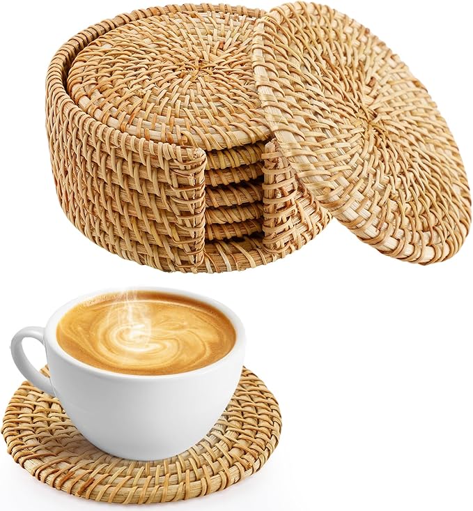 6pcs Natural Handmade Rattan Coasters with Holder - Wicker Drink Coasters Set for Protecting Table, Housewarming Gifts Boho Home Coastal Decor