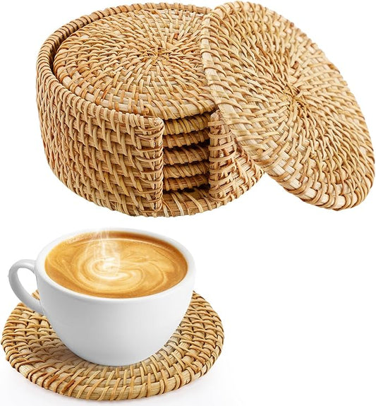 6pcs Natural Handmade Rattan Coasters with Holder - Wicker Drink Coasters Set for Protecting Table, Housewarming Gifts Boho Home Coastal Decor