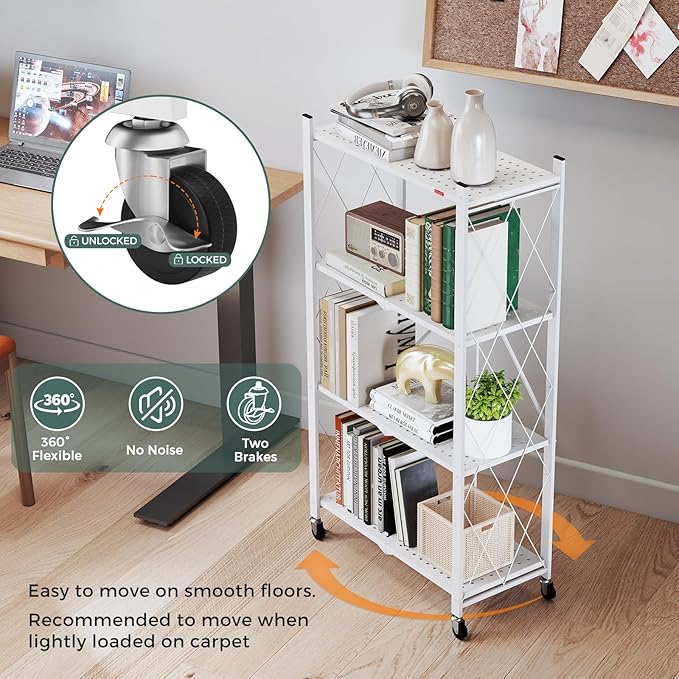 DEANIC 4 Tier Foldable Storage Shelves with Wheels, Large Capacity Shelving Unit, Freestanding Metal Wire Shelf Rack, No Assembly Organizer Rack for Garage Kitchen, Basement, Pantry(White Pack of 2)