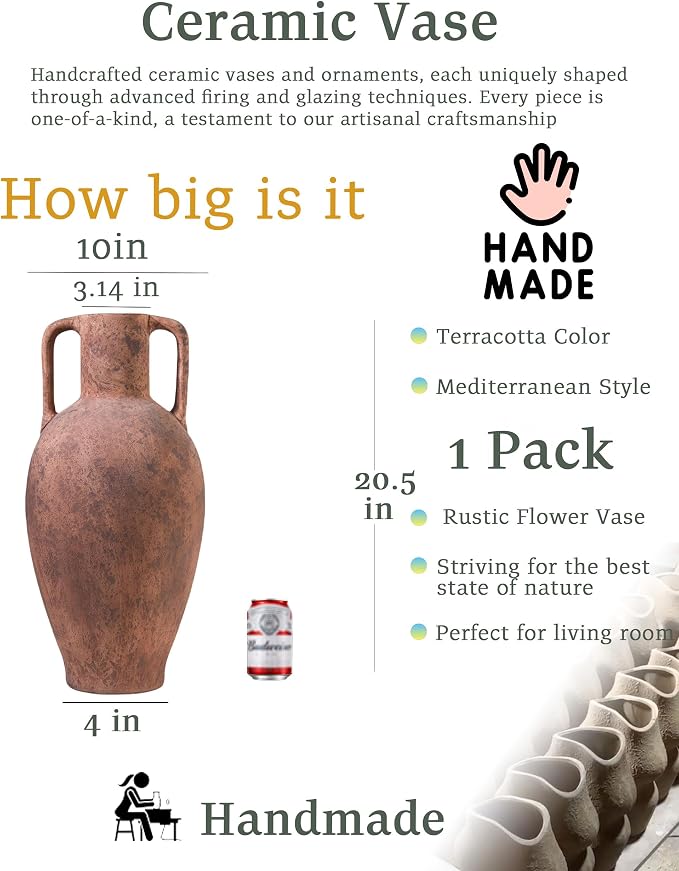 UPWOIGH 20.5in Vintage Ceramic Floor Vase with Handles | Antique Terracotta Finish, Beige Speckles, Distressed Brown Markings, Rustic Farmhouse Décor, Gift 1 Pack
