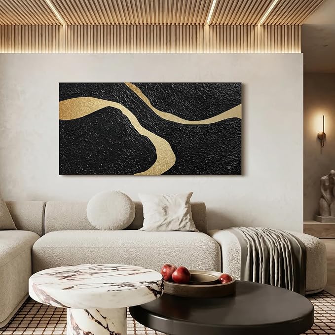 Large Horizontal Abstract Black & Gold Canvas Wall Art, Modern Wall Decor | Neutral Oil Textured Painting, Minimalist Contemporary Artwork for Living Room Bedroom Office Hallway Dining Room, 24x48 In