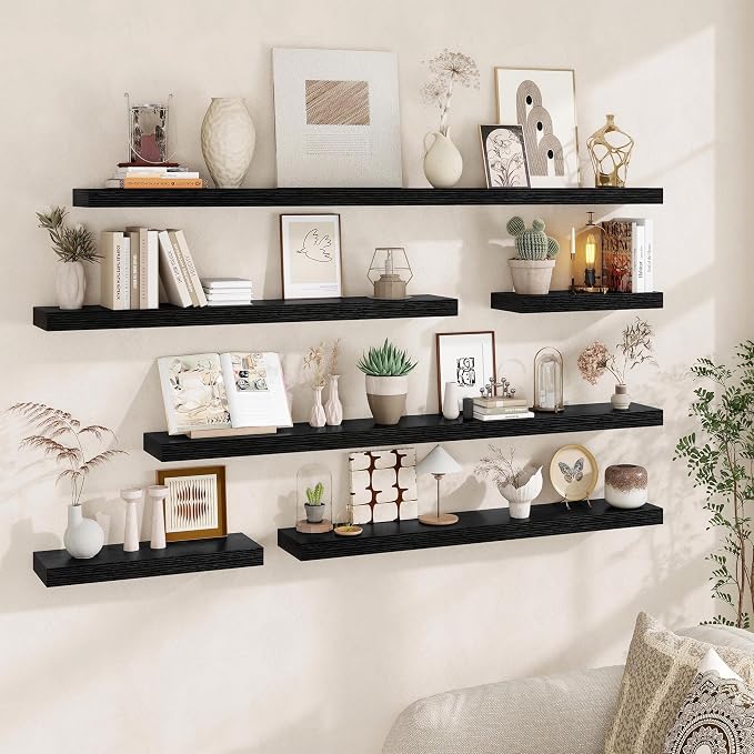 Fun Memories Floating Shelves for Wall, 48Inch Floating Shelves Set of 2, Hanging Shelf with Invisible Brackets, Wood Shelves for Living Room, Bedroom, Kitchen, Black