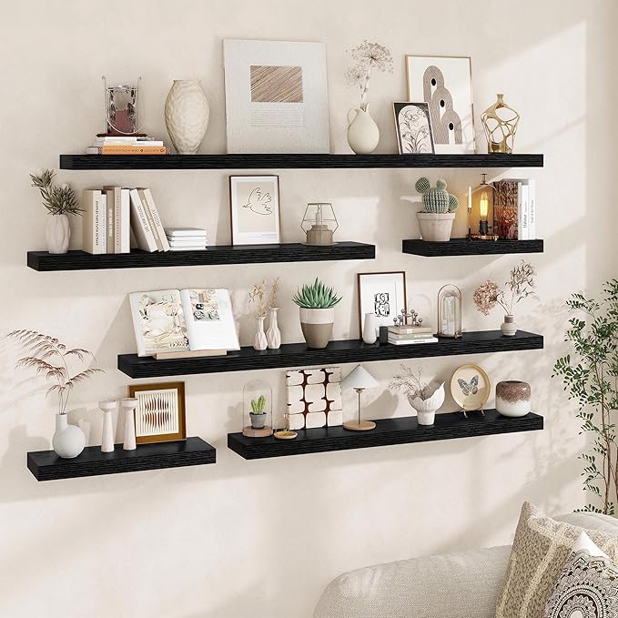 Fun Memories 72Inch Floating Shelves,Wall Mounted Rustic Wood Floating Shelf with Invisible Brackets for Storage & Decor,2 Pack Shelves for Bathroom,Bedroom and Kitchen,Black