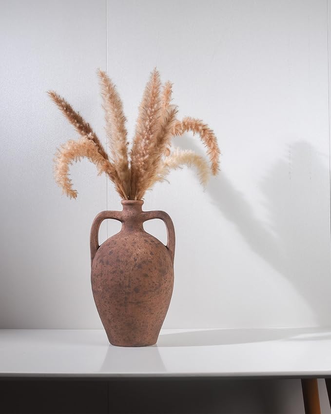 UPWOIGH 13.8in Terracotta Vase with Handles | Rustic Brown Finish, Distressed Ceramic Texture, Amphora Style, Pampas Grass Display, Mediterranean Farmhouse Décor