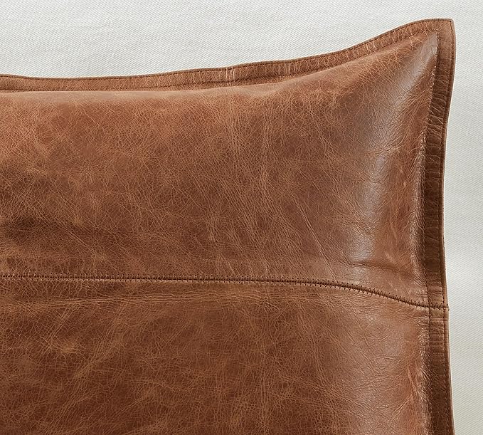 Genuine Leather Pillow Cover Case for Lumbar Throw Couch Pillows - Modern Farmhouse Decorative Sofa Thick & Soft Cushion Covers (Brown, 12" x 20")