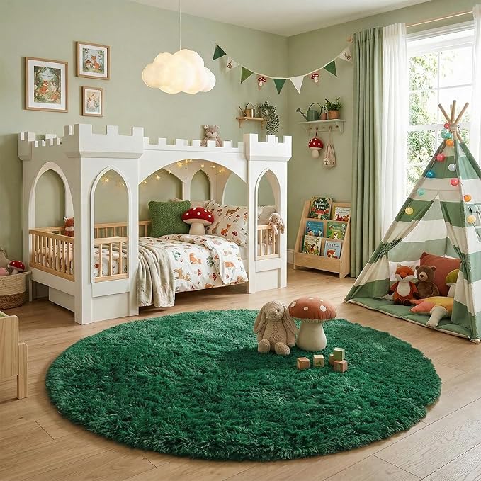 Amdrebio Dark Green Round Rug 6Ft for Living Room Bedroom, Fluffy Thick Floor Circle Area Rugs for Kids Room Decor, Furry Shag Rug for Baby Nursery, Teens Dorm, Fuzzy Plush Cool Emerald Green Carpet