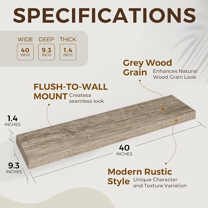 Dreamland 40Inch Floating Shelves for Wall 9.3" Deep Grey Set of 2 | Wall shelves for bathroom, bedroom, Living Room, kitchen, deep wall mount wood storage display for home decor 40" x 9.3"