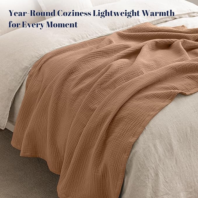PHF 100% Cotton Muslin Blanket Queen Size 90"x90", 4-Layer Lightweight Gauze Throw, Breathable Cloud-Soft Minimalist Blanket for Bed, Couch, Camping & Baby, Clay, Ideal Gift