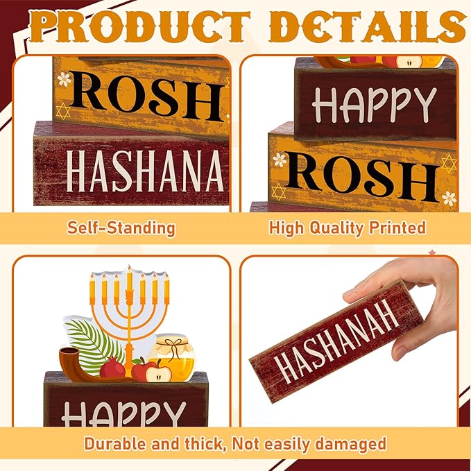 4 Pcs Rosh Hashanah Tables Decorations Happy Rosh Hashanah Wooden Tabletop Jewish New Year Party Decorations Rustic Block Centerpieces Sign for Gift Crafts Home Desk Shelf Shana Supplies