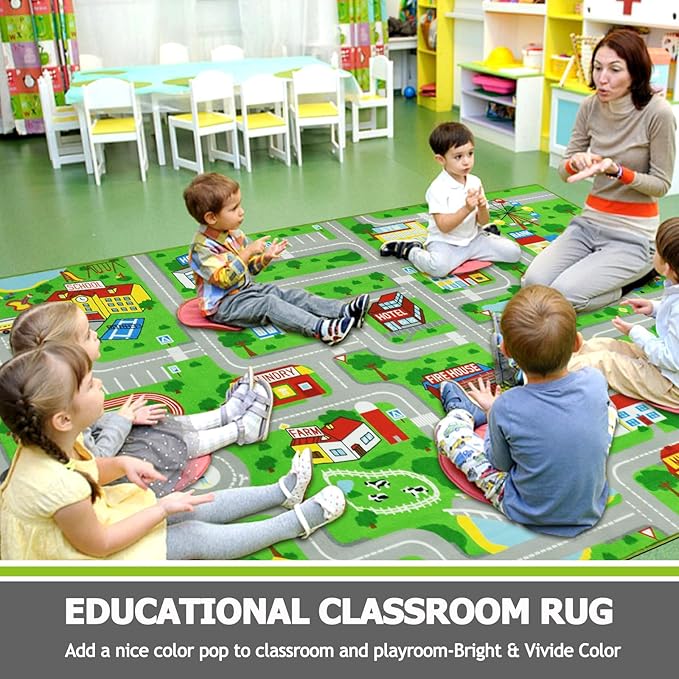 Capslpad Green Car Road Kid Rug Carpet Playmat for Playoom Traffic Road Kids Play Mat for Toddler Non Slip Washable City Map Race Track Carpet Rug for Kids Room Playroom Classroom Decor,6.6'x9.8'