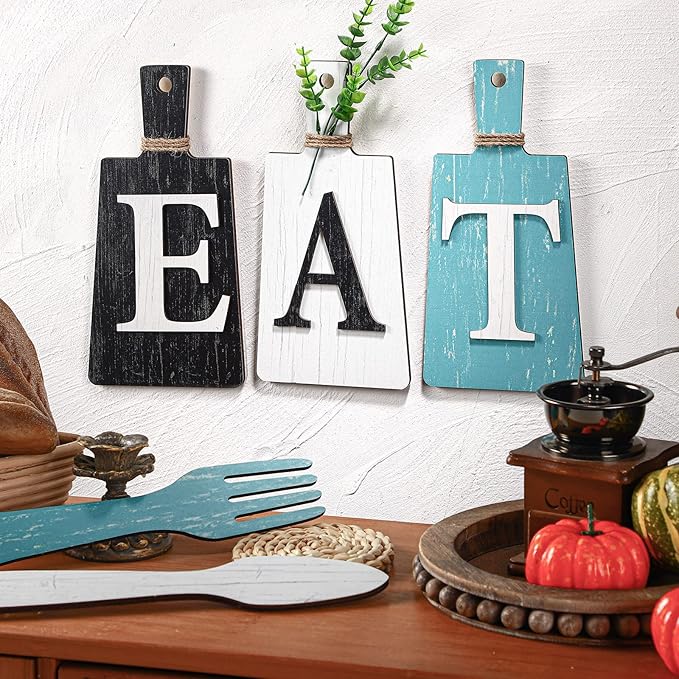 Jetec Cutting Board Eat Sign Set Hanging Art Kitchen Eat Sign Farmhouse Fork and Spoon Wall Decor Rustic Primitive Country Kitchen Decor for Home over Cabinet Decoration(Black, White, Teal)