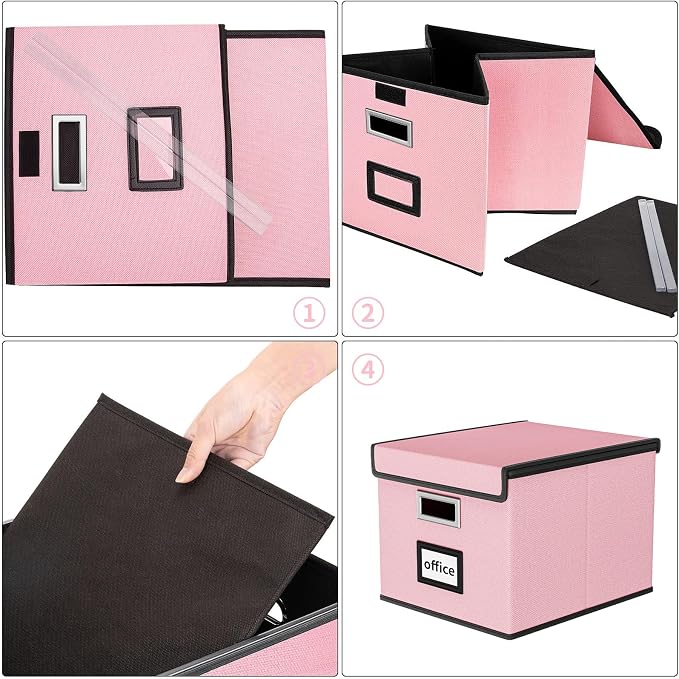Collapsible File Storage Organizer Boxes with Lids, Linen Document Storage, Universal Hanging Filing Organization Boxes for Letter/Legal, Decorative Office/Home File Bins - Boxes Only(2 Pack)