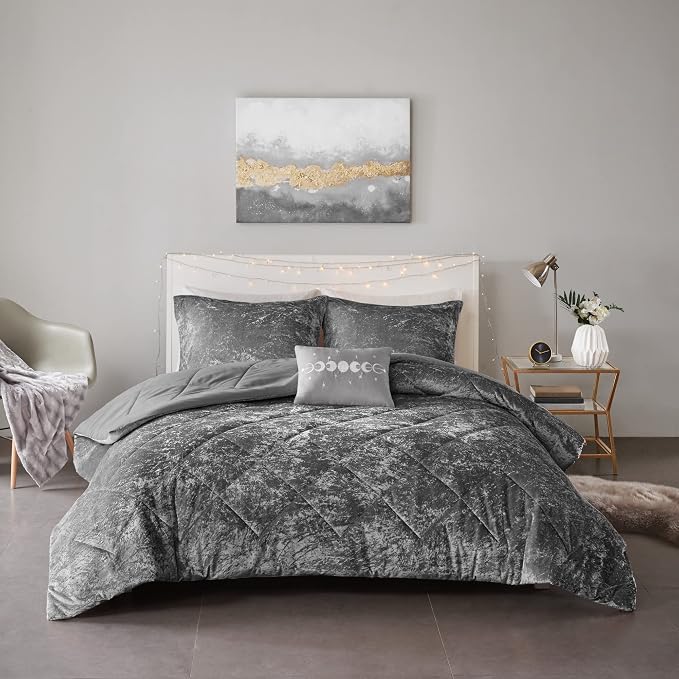 Intelligent Design Queen Duvet Cover Set, Velvet Queen Duvet Set, Luxury Diamond Quilting Grey Duvet Cover, Fluffy Duvet Cover with Decorative Pillow and 2 Shams, 4 Pieces, Grey, Full/Queen