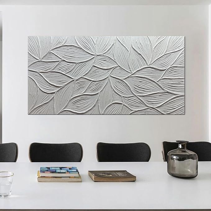 Art8YuQi Paintings - Contemporary Abstract Art leaf Oil Painting On Canvas Texture 3D White Painting Plantain Handmade Artwork Picture Canvas Wall Art Modern Home Decor living room Ready to Hang (24X48 inch)