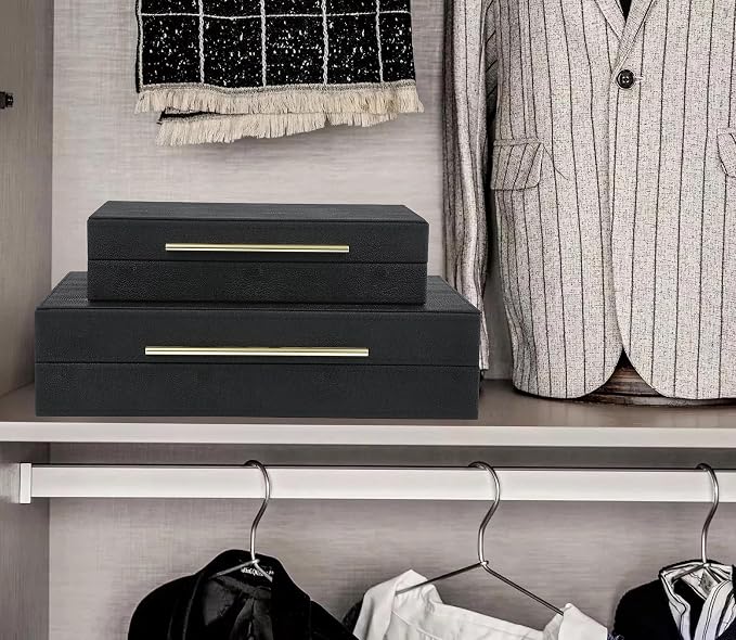 HofferRuffer Faux Leather Decorative Boxes Set of 2, Large Nesting Keepsake Box Accessory Organizer Jewelry Organizer with Hinged Lid, Stacking Storage Box Container for Home or Office (Black)