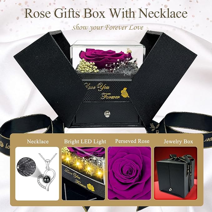 Preserved Real Rose-Eternal Flowers Purple Rose Gifts for Women Her Mom Wife Girlfriend on Valentines Mothers Day with I Love You Necklace 100 Languages Engraved Acrylic Block Puzzle Piece