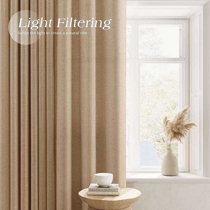 Extra Long Sand Beige Linen Curtains 120 Inches Length for Living Room Grommet Top Semi Sheer Elegant Drapes for Bedroom Light Filtering Neutral Sheer Curtain for Large Window 10FT 52x120, 2 Panel