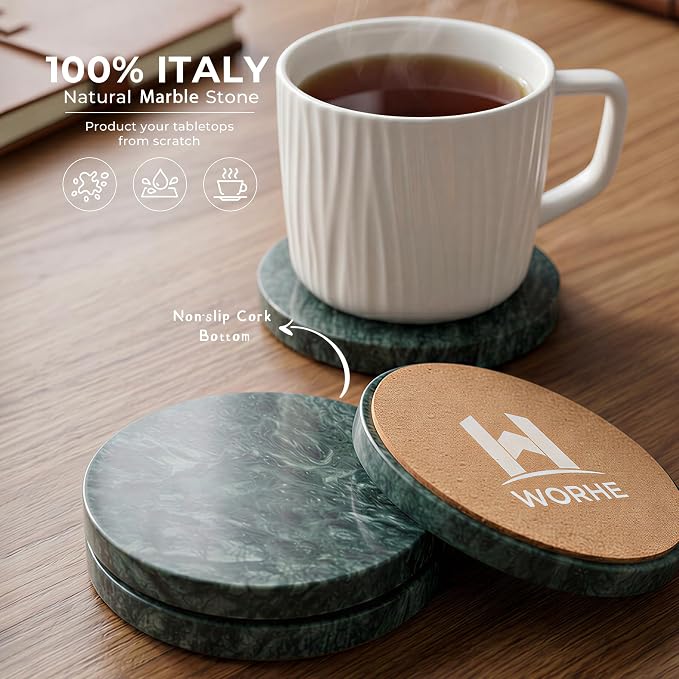 Natural Marble Coasters Set of 4-4" Round Stone Drink Coasters, Non-Slip Cork Backing, Housewarming Gift, Wedding, Protect Tables from Stains & Scratches Green (WH115)
