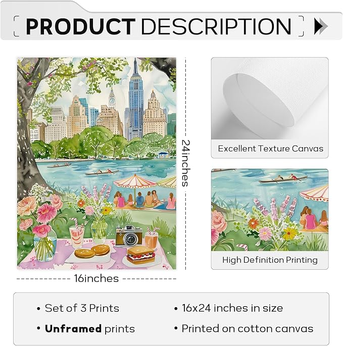 SYYANKK Watercolor New York City Wall Art NYC Canvas Poster Travel Wall Decor NYC Painting Central Park Picture New York Landmarks Artwork for Bedroom Living Room 16x24 Inch Unframed Set of 3