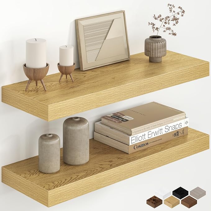 Fun Memories 24 Inch Floating Shelves for Wall, 8 Inch Deep Rustic Wood Floating Shelves Set of 2, Wall Mounted Hanging Shelf with Invisible Brackets for Bathroom, Bedroom, Kitchen, Living Room, Oak