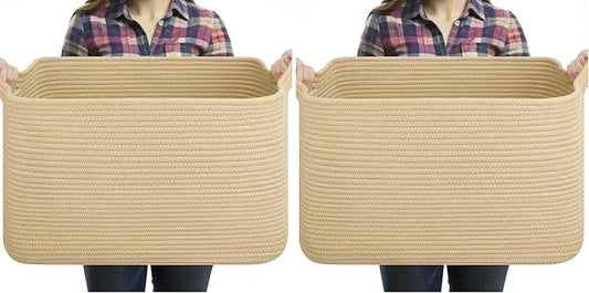 OIASKET Large Blanket Basket, Jute Blanket Storage Living Room, Rectangle Woven Baskets for Storage Toys, Towels, Dirty Clothes Organizer Bins (Jute) (Pack of 2)