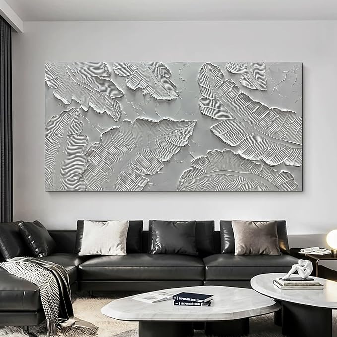 Art8YuQi Paintings - Contemporary Abstract Art leaf Oil Painting On Canvas Texture 3D White Painting Plantain Handmade Artwork Picture Canvas Wall Art Modern Home Decor living room Ready to Hang 24X48 inch