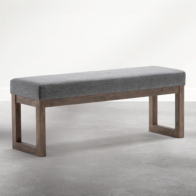 SIMPLIHOME Milltown Large Ottoman Bench - 44 inch Wide Upholstered Linen Look Fabric Rectangle Footstool Ottoman in Parisian Grey, Contemporary Bench for Entryway with Cushioned Seat, Assembled