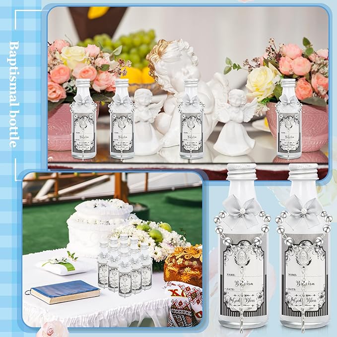 FillTouch 12 Sets Catholic Holy Water Bottle Baptism Rosary Set Baptism Favors 1.7oz Christian Water Container Empty Glass Holy Water Bottle for Easter Party Church Wedding Table Newborn (Silver)