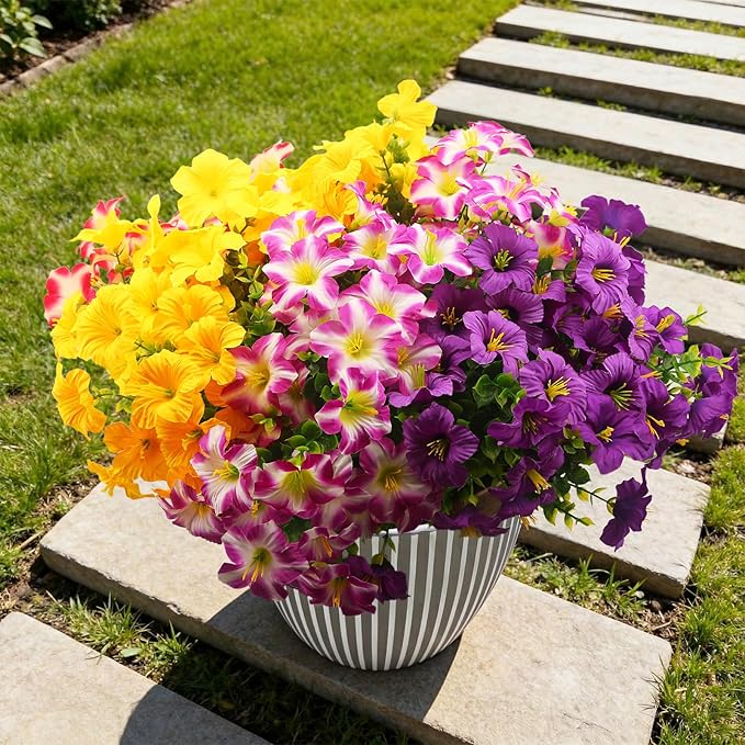 Artificial Flowers for Outdoors Fake Plants Outside, 16 Bundles Silk Morning Glory with Eucalyptus, UV Resistant Realistic Faux Flowers for Planters Porch Patio Garden Balcony Decor (4 Color)