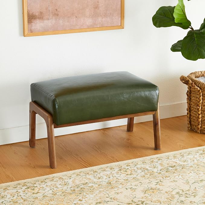 Glitzhome Foot Stool Ottoman, Modern Leatherette Sofa Stool Vanity Chair with Rubber Wood Frame, Footrest Ottoman Bench for Living Room, Entryway, Hunter Green